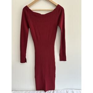 Jason Wu Bodycon Sweater Dress Midi Pencil Red Long Sleeve Ribbed Small Tie Back